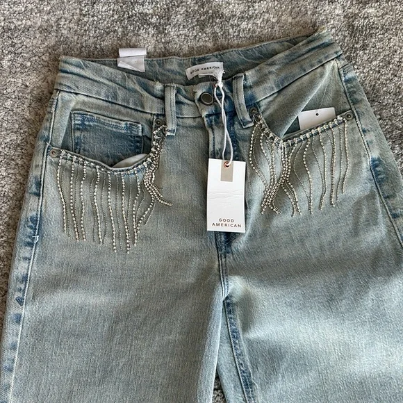 Good American Good 90’s Diamond Fringe Relaxed Jeans 0 25 NWT - Picture 2 of 4